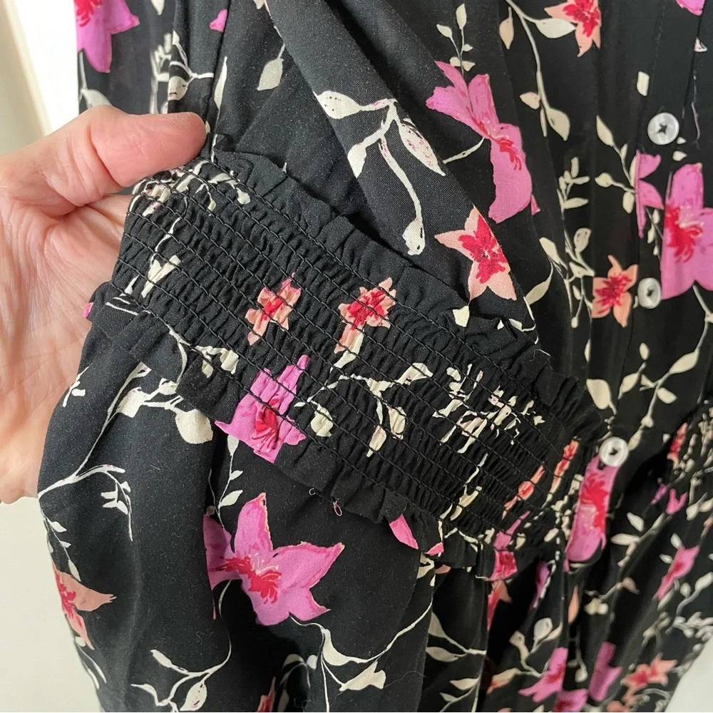 Free People Lighten Up Black Floral Button Down Tie Waist Mini Dress Size‎ Small